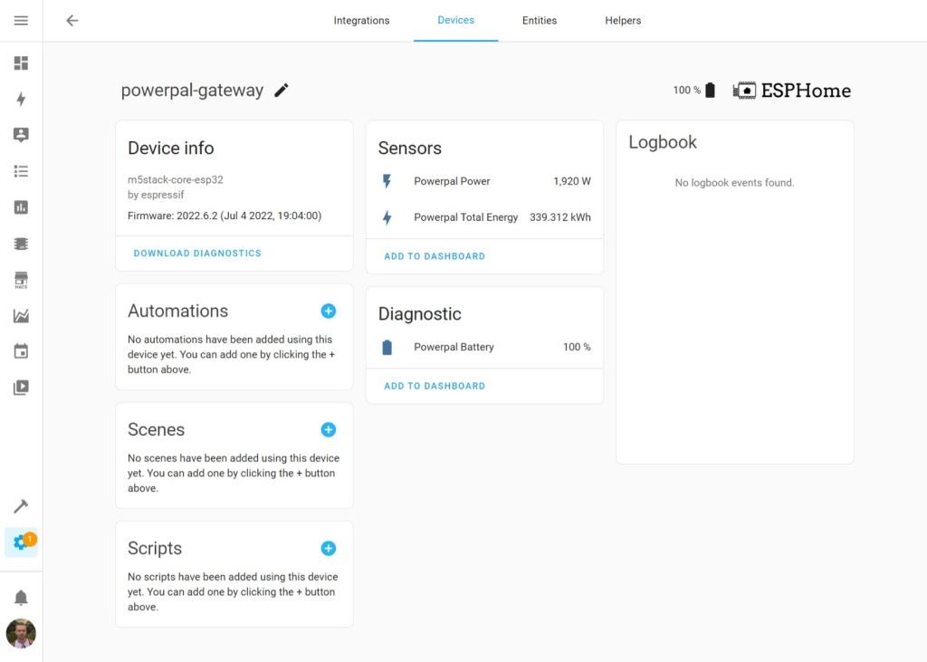 Screenshot of Home Assistant device page for the gateway. It shows three sensors: Powerpal Power, Powerpal Total Energy, and Powerpal Battery.